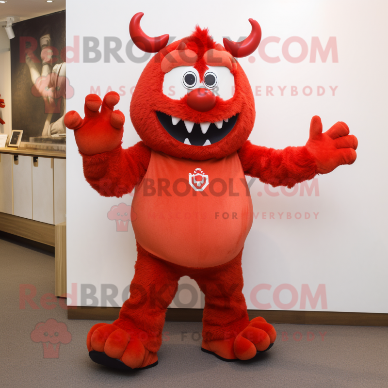 Red Devil mascot costume character dressed with a Vest and Mittens