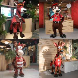 Red Okapi mascot costume character dressed with a Dungarees and Keychains