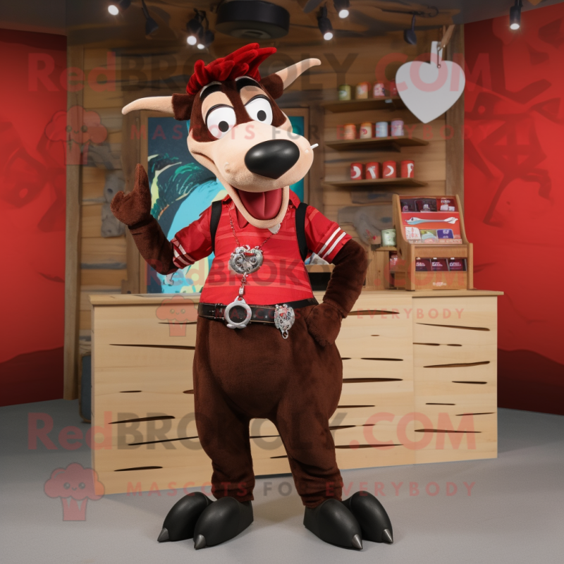 Red Okapi mascot costume character dressed with a Dungarees and Keychains