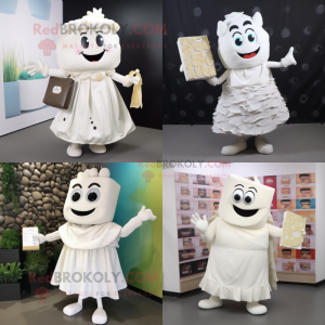 White Lasagna mascot costume character dressed with a Dress and Clutch bags