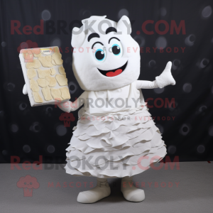 White Lasagna mascot costume character dressed with a Dress and Clutch bags