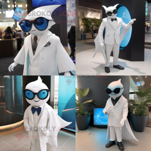 White Manta Ray mascot costume character dressed with a Suit and Eyeglasses