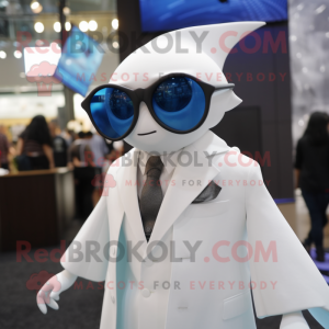 White Manta Ray mascot costume character dressed with a Suit and Eyeglasses