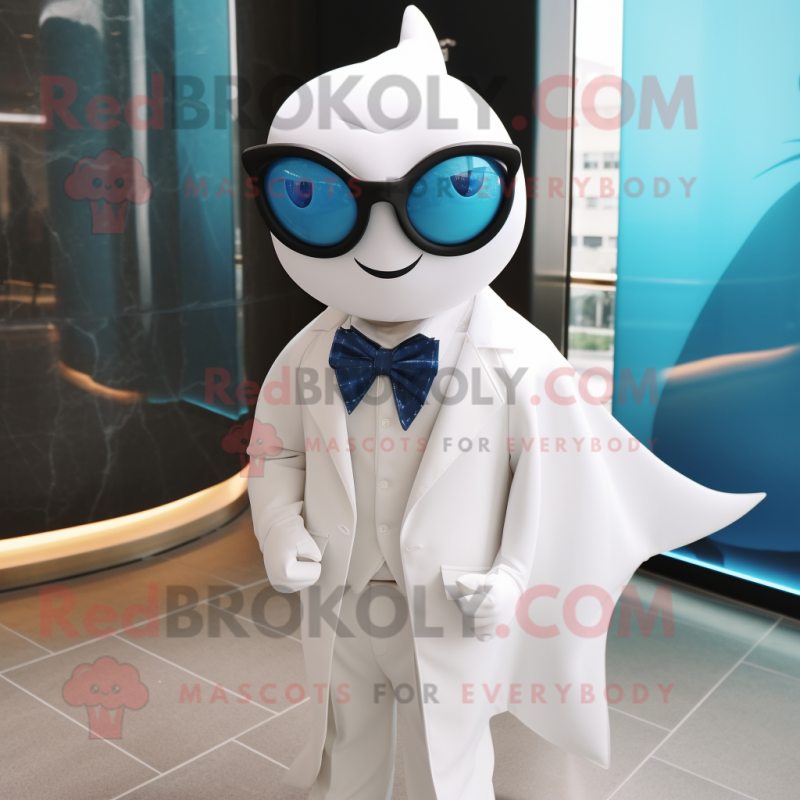 White Manta Ray mascot costume character dressed with a Suit and Eyeglasses