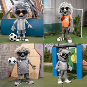 Gray Soccer Goal mascot costume character dressed with a Corduroy Pants and Sunglasses