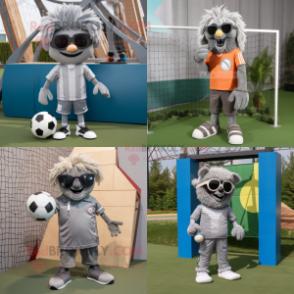 Gray Soccer Goal mascot costume character dressed with a Corduroy Pants and Sunglasses