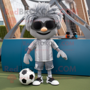 Gray Soccer Goal mascot costume character dressed with a Corduroy Pants and Sunglasses