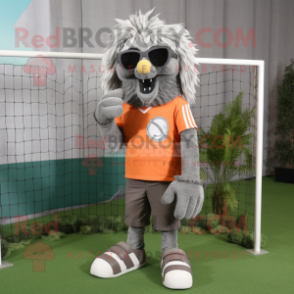 Gray Soccer Goal mascot costume character dressed with a Corduroy Pants and Sunglasses