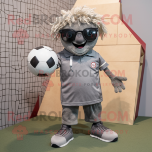 Gray Soccer Goal mascot costume character dressed with a Corduroy Pants and Sunglasses