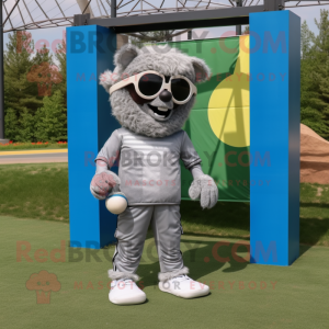 Gray Soccer Goal mascot costume character dressed with a Corduroy Pants and Sunglasses