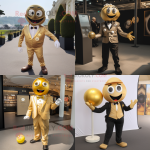 Gold Petanque Ball mascot costume character dressed with a Suit Jacket and Suspenders