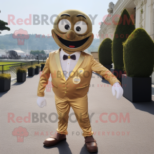 Gold Petanque Ball mascot costume character dressed with a Suit Jacket and Suspenders