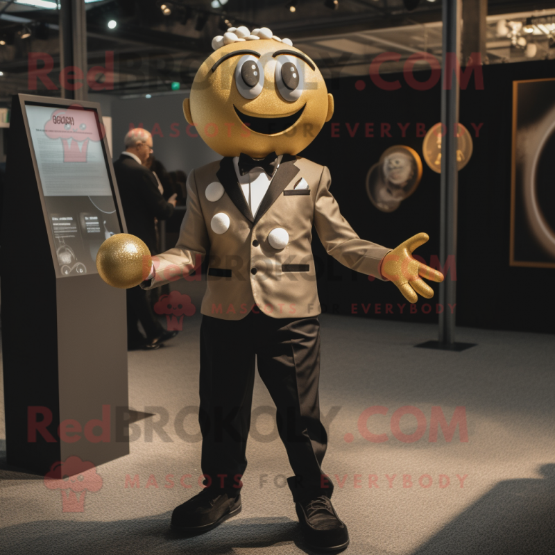 Gold Petanque Ball mascot costume character dressed with a Suit Jacket and Suspenders