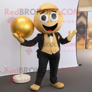 Gold Petanque Ball mascot costume character dressed with a Suit Jacket and Suspenders