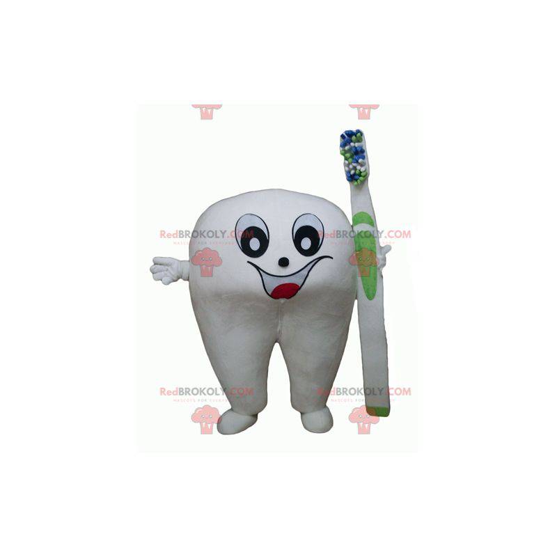 Kæmpe hvid tand maskot med en tandbørste - Redbrokoly.com