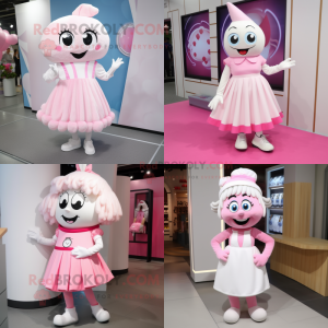 White Pink mascot costume character dressed with a Midi Dress and Shoe laces