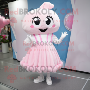 White Pink mascot costume character dressed with a Midi Dress and Shoe laces