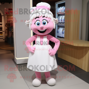 White Pink mascot costume character dressed with a Midi Dress and Shoe laces