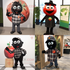 Black Tomato mascot costume character dressed with a Flannel Shirt and Ties