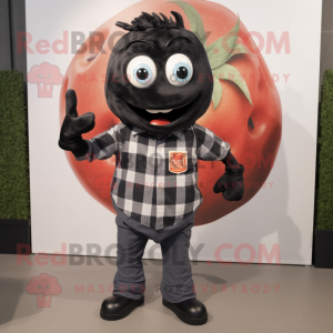 Black Tomato mascot costume character dressed with a Flannel Shirt and Ties