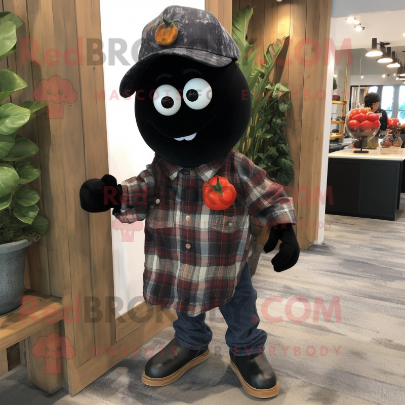 Black Tomato mascot costume character dressed with a Flannel Shirt and Ties Black Tomato mascot costume character dressed with a Flannel Shirt and Ties