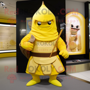 Lemon Yellow Samurai mascot costume character dressed with a Hoodie and Clutch bags