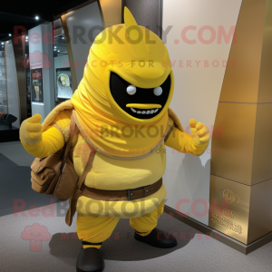 Lemon Yellow Samurai mascot costume character dressed with a Hoodie and Clutch bags