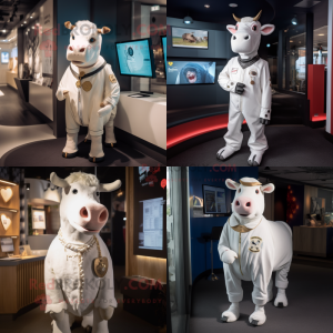 White Hereford Cow mascot costume character dressed with a Playsuit and Lapel pins