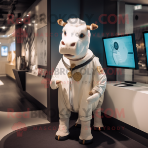 White Hereford Cow mascot costume character dressed with a Playsuit and Lapel pins