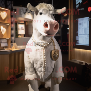 White Hereford Cow mascot costume character dressed with a Playsuit and Lapel pins