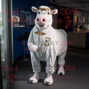 White Hereford Cow mascot costume character dressed with a Playsuit and Lapel pins