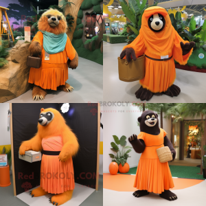 Orange Sloth Bear mascot costume character dressed with a Maxi Skirt and Wallets