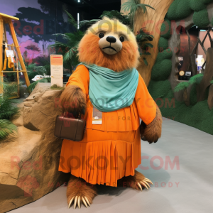 Orange Sloth Bear mascot costume character dressed with a Maxi Skirt and Wallets