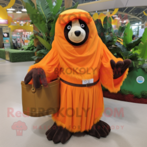 Orange Sloth Bear mascot costume character dressed with a Maxi Skirt and Wallets