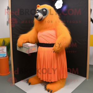 Orange Sloth Bear mascot costume character dressed with a Maxi Skirt and Wallets