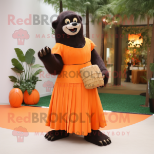 Orange Sloth Bear mascot costume character dressed with a Maxi Skirt and Wallets