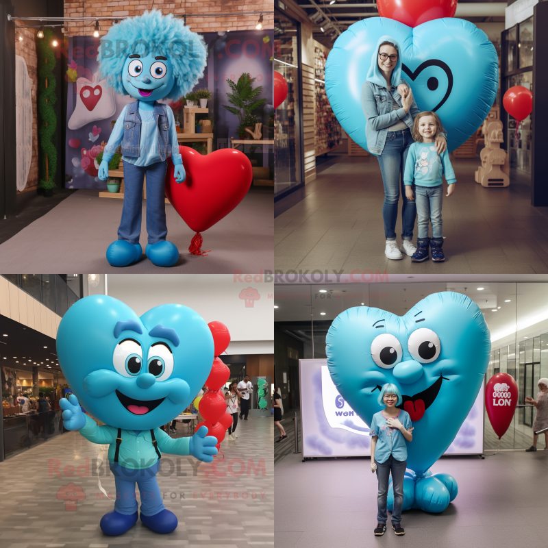 Cyan Heart Shaped Balloons mascot costume character dressed with a Mom Jeans and Necklaces