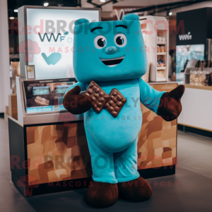 Cyan Chocolate Bars mascot costume character dressed with a V-Neck Tee and Pocket squares