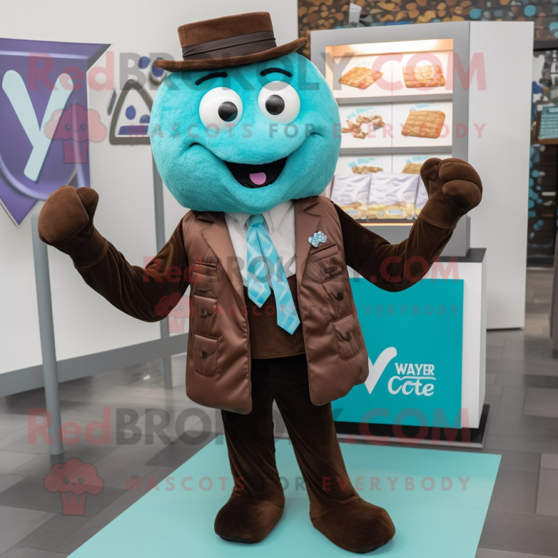 Cyan Chocolate Bars mascot costume character dressed with a V-Neck Tee and Pocket squares