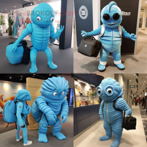 Sky Blue Trilobite mascot costume character dressed with a Jumpsuit and Messenger bags