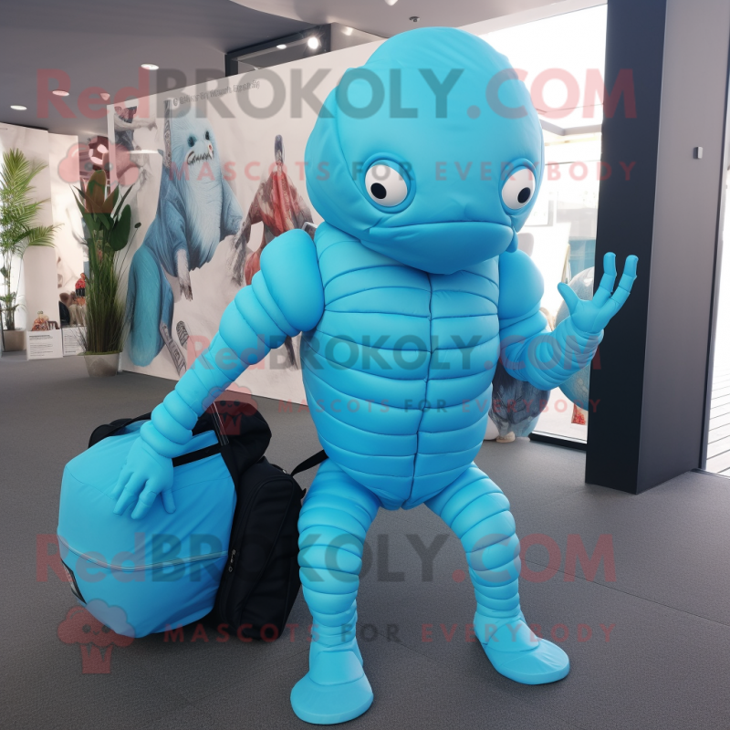 Sky Blue Trilobite mascot costume character dressed with a Jumpsuit and Messenger bags Sky Blue Trilobite mascot costume character dressed with a Jumpsuit and Messenger bags