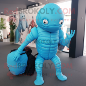 Sky Blue Trilobite mascot costume character dressed with a Jumpsuit and Messenger bags