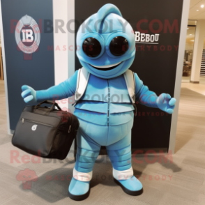 Sky Blue Trilobite mascot costume character dressed with a Jumpsuit and Messenger bags