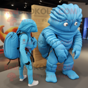 Sky Blue Trilobite mascot costume character dressed with a Jumpsuit and Messenger bags