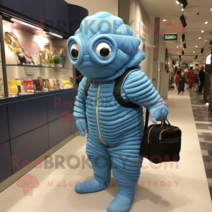 Sky Blue Trilobite mascot costume character dressed with a Jumpsuit and Messenger bags