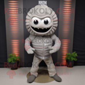 Gray Melon mascot costume character dressed with a Moto Jacket and Shawl pins