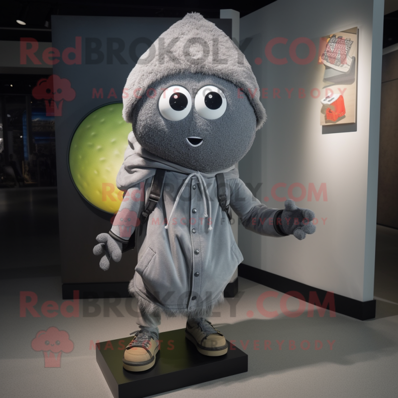 Gray Melon mascot costume character dressed with a Moto Jacket and Shawl pins Gray Melon mascot costume character dressed with a Moto Jacket and Shawl pins