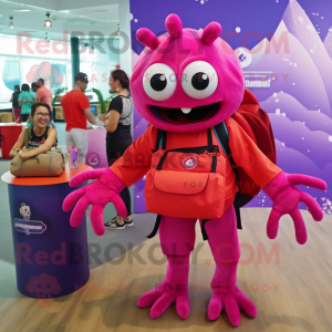 Magenta Crab Cakes mascot costume character dressed with a Culottes and Messenger bags