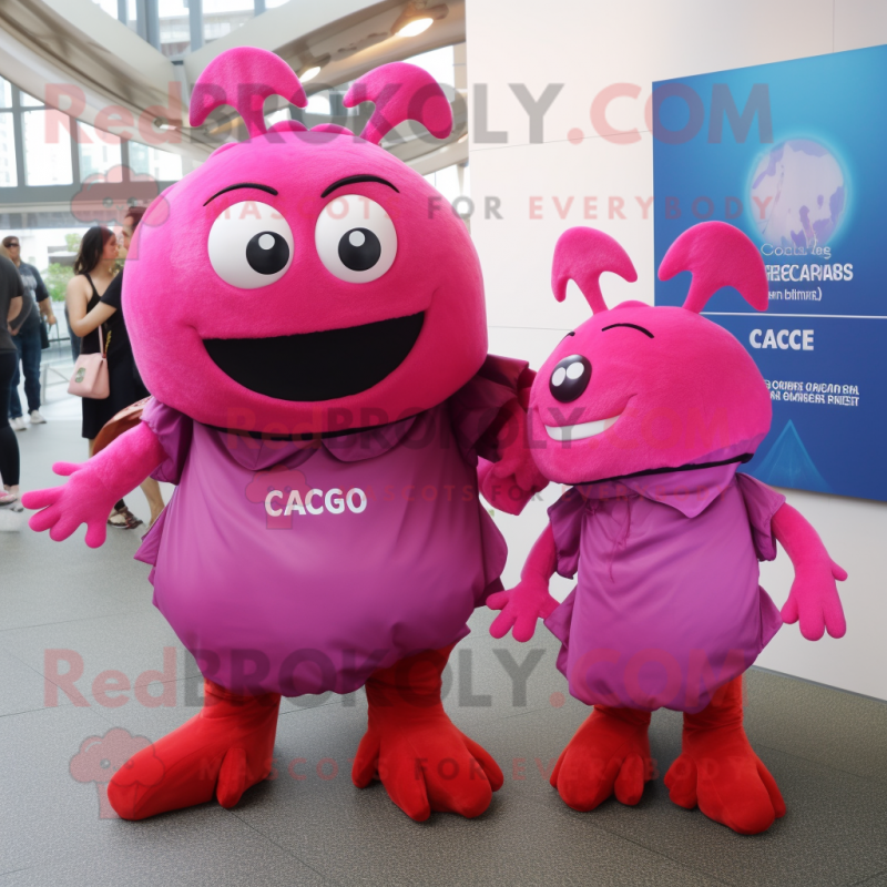 Magenta Crab Cakes mascot costume character dressed with a Culottes and Messenger bags