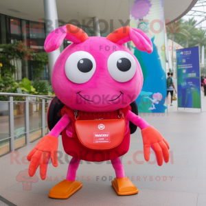 Magenta Crab Cakes mascot costume character dressed with a Culottes and Messenger bags